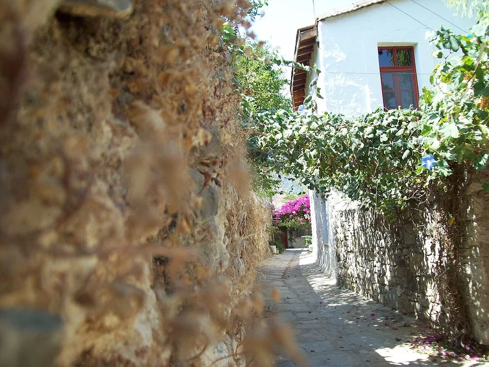 Ruelle en pierre et plantes fleuries dans le vieux Datça